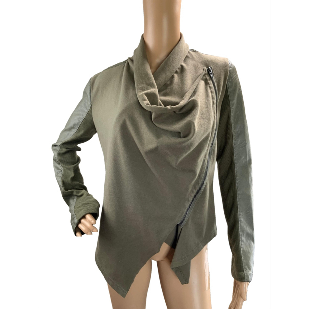 Blank NYC Women's Jacket Sz Sm Green Asymmetrical Zipper Cowl Neck Faux Leather
